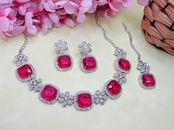 Pink rhodium premium designer american diamond and stone work necklace set 2
