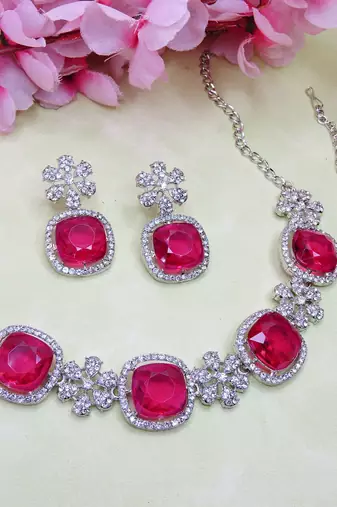 Pink rhodium premium designer american diamond and stone work necklace set