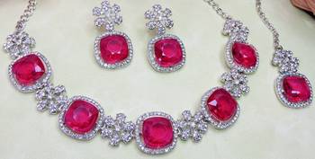 Pink rhodium premium designer american diamond and stone work necklace set 3