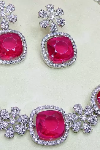 Pink rhodium premium designer american diamond and stone work necklace set