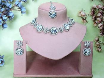 White rhodium premium designer american diamond and stone work necklace set 1