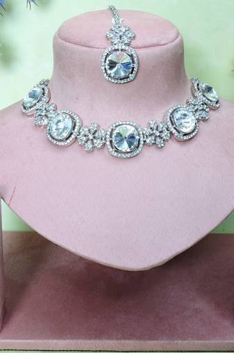 White rhodium premium designer american diamond and stone work necklace set