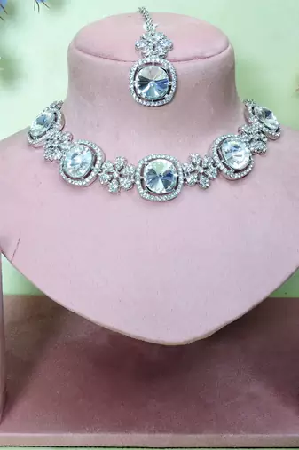 White rhodium premium designer american diamond and stone work necklace set