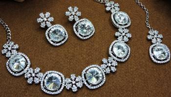 White rhodium premium designer american diamond and stone work necklace set 2