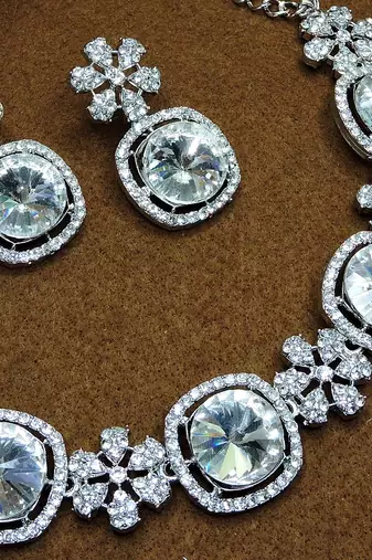 White rhodium premium designer american diamond and stone work necklace set