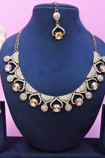 Gold yellow gold premium designer american diamond and stone work necklace set