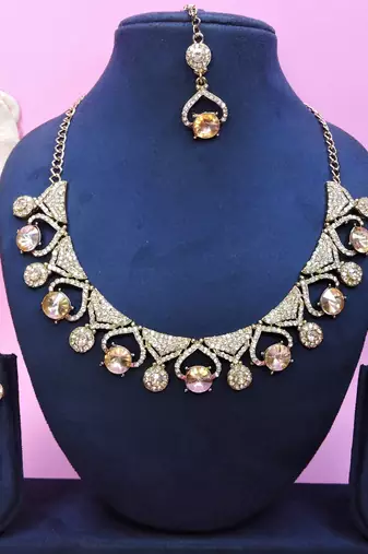 Gold yellow gold premium designer american diamond and stone work necklace set