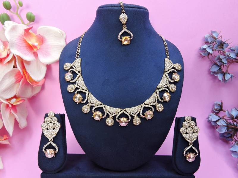 Gold yellow gold premium designer american diamond and stone work necklace set