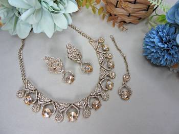 Gold yellow gold premium designer american diamond and stone work necklace set 2
