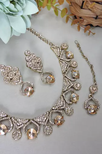 Gold yellow gold premium designer american diamond and stone work necklace set