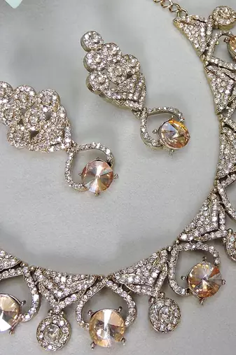 Gold yellow gold premium designer american diamond and stone work necklace set