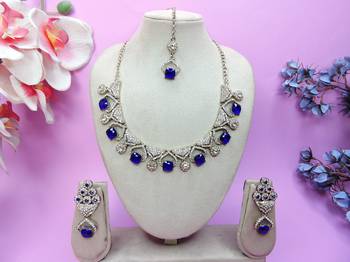 Blue yellow gold premium designer american diamond and stone work necklace set 1