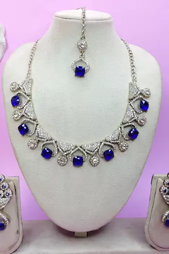 Blue yellow gold premium designer american diamond and stone work necklace set