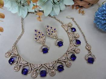 Blue yellow gold premium designer american diamond and stone work necklace set 2