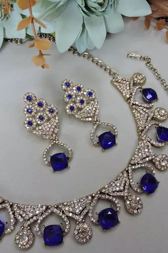Blue yellow gold premium designer american diamond and stone work necklace set