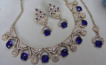 Blue yellow gold premium designer american diamond and stone work necklace set 3