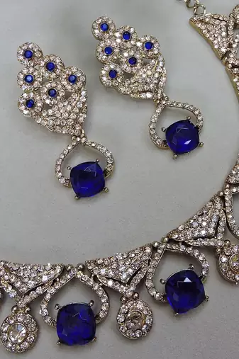 Blue yellow gold premium designer american diamond and stone work necklace set