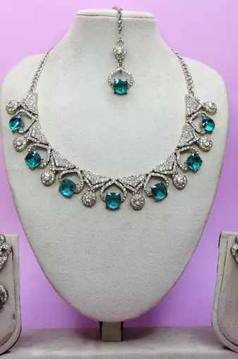 Green yellow gold premium designer american diamond and stone work necklace set