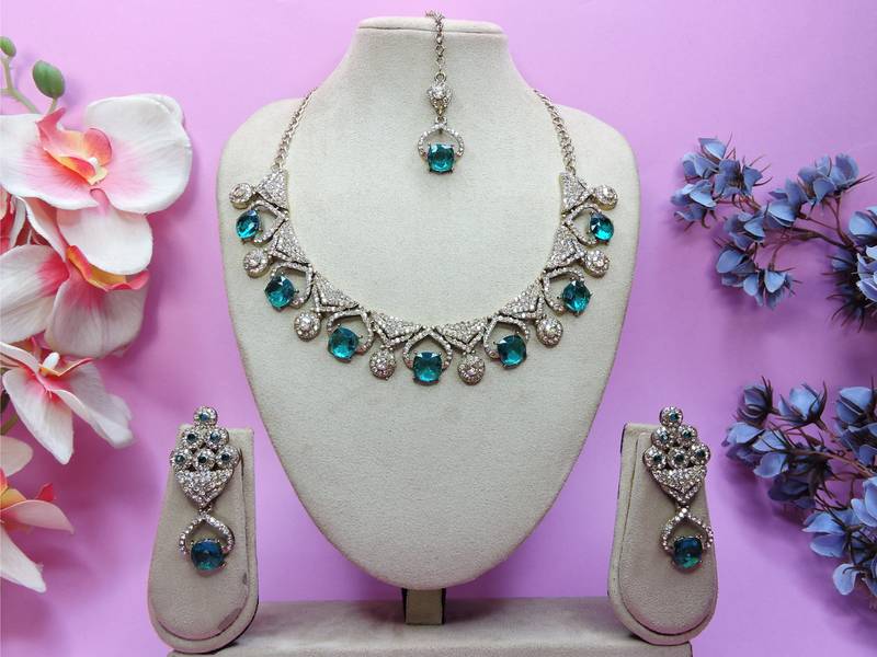 Green yellow gold premium designer american diamond and stone work necklace set