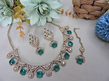 Green yellow gold premium designer american diamond and stone work necklace set 2