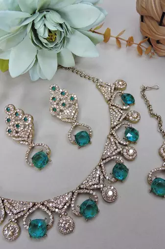Green yellow gold premium designer american diamond and stone work necklace set