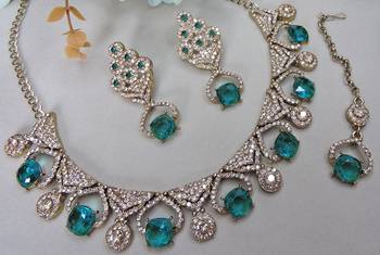 Green yellow gold premium designer american diamond and stone work necklace set 3