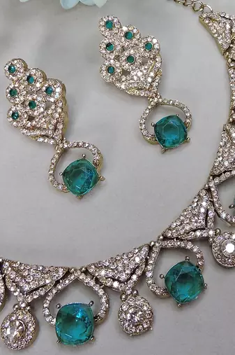 Green yellow gold premium designer american diamond and stone work necklace set