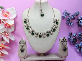 Green yellow gold premium designer american diamond and stone work necklace set 1