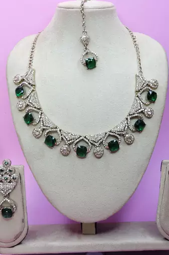 Green yellow gold premium designer american diamond and stone work necklace set