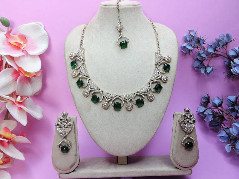 Green yellow gold premium designer american diamond and stone work necklace set