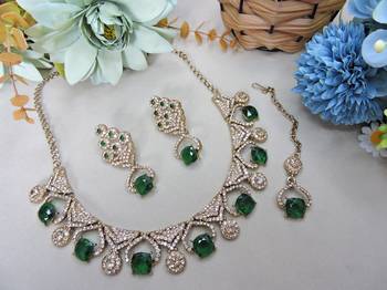 Green yellow gold premium designer american diamond and stone work necklace set 2