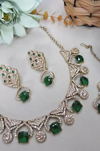 Green yellow gold premium designer american diamond and stone work necklace set