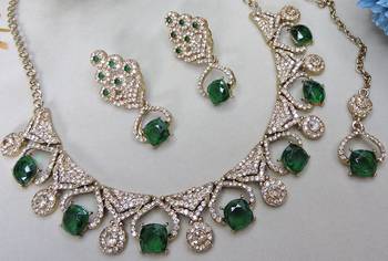 Green yellow gold premium designer american diamond and stone work necklace set 3