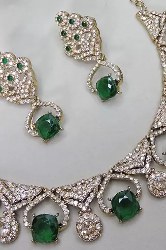 Green yellow gold premium designer american diamond and stone work necklace set
