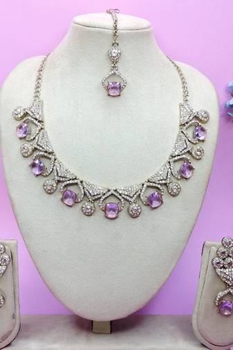 Purple yellow gold premium designer american diamond and stone work necklace set