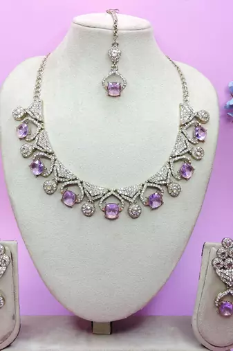 Purple yellow gold premium designer american diamond and stone work necklace set