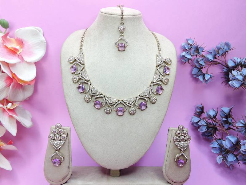 Purple yellow gold premium designer american diamond and stone work necklace set