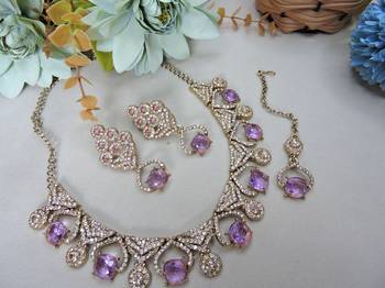 Purple yellow gold premium designer american diamond and stone work necklace set 2