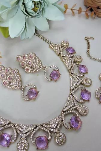 Purple yellow gold premium designer american diamond and stone work necklace set