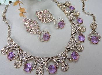 Purple yellow gold premium designer american diamond and stone work necklace set 3