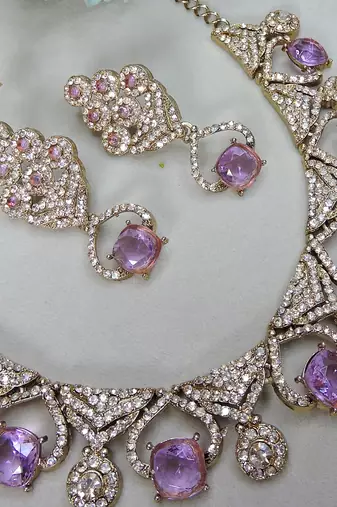 Purple yellow gold premium designer american diamond and stone work necklace set