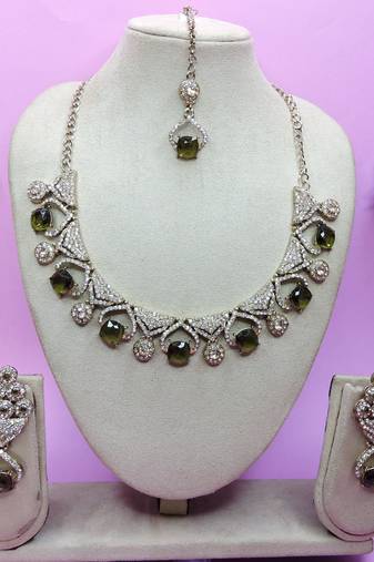 Green yellow gold premium designer american diamond and stone work necklace set