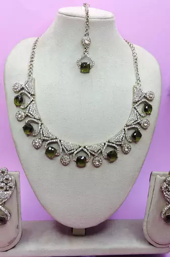 Green yellow gold premium designer american diamond and stone work necklace set