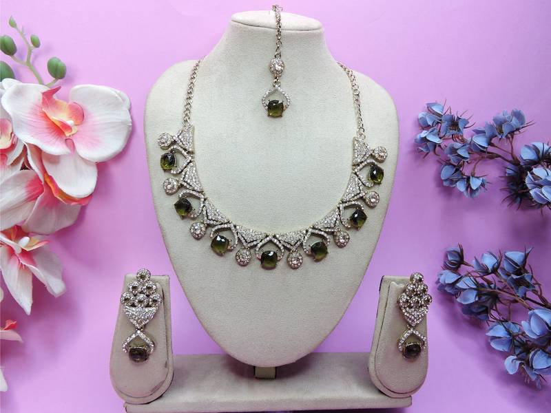 Green yellow gold premium designer american diamond and stone work necklace set