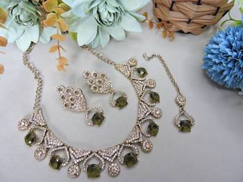 Green yellow gold premium designer american diamond and stone work necklace set 2