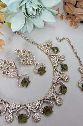 Green yellow gold premium designer american diamond and stone work necklace set