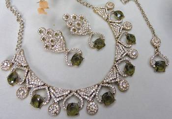 Green yellow gold premium designer american diamond and stone work necklace set 3