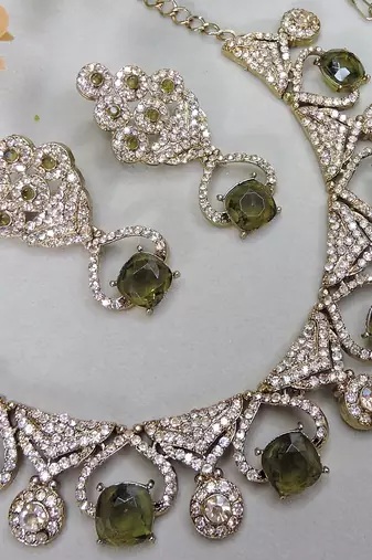Green yellow gold premium designer american diamond and stone work necklace set