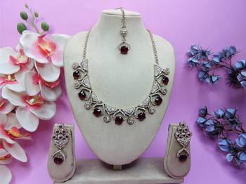 Maroon yellow gold premium designer american diamond and stone work necklace set 1