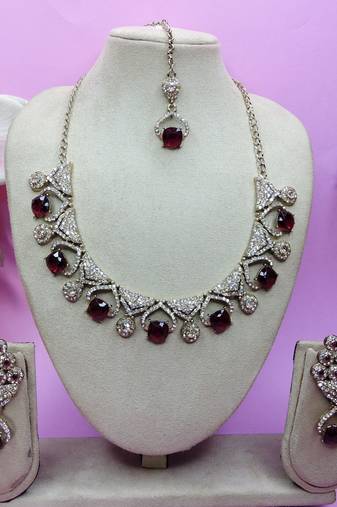 Maroon yellow gold premium designer american diamond and stone work necklace set